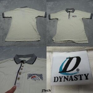 Vintage Denver Broncos Polo Shirt Mens Medium Dynasty Cream Ribbed Short‎ Sleeve
